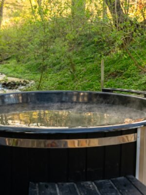 a hot tub sitting in the middle of a forest